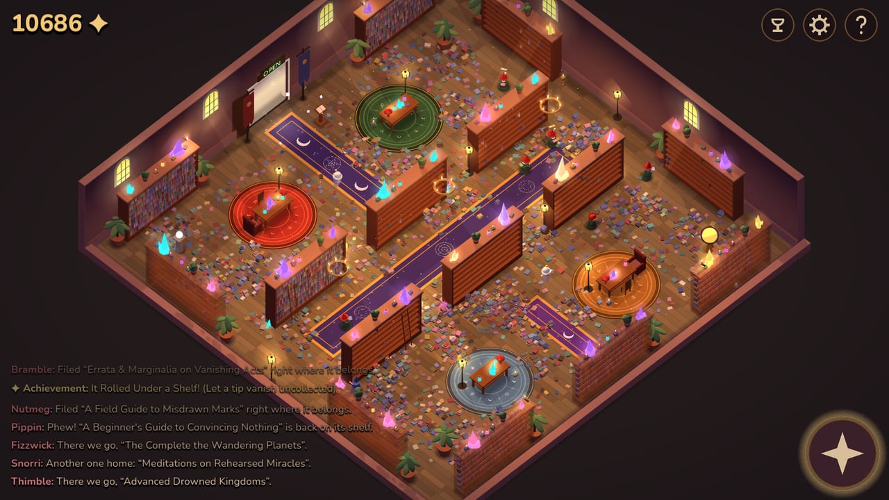 Spellbound & Shelved library with gnomes filing spellbooks while gold and an OPEN door sign show on the HUD