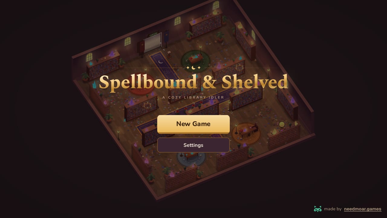 Title screen of Spellbound & Shelved showing the isometric wizard library, New Game, and Settings